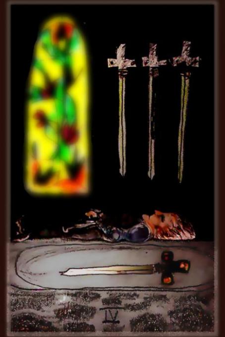 4 of Swords, veryshop't ; colored pencil on index cards, phoshp't; 2005-2009