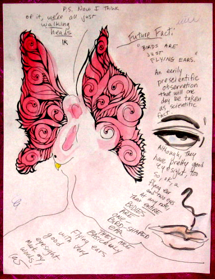 Letter To Mr  E: Birds Are  Ears (with TinaOppenheimer Wings):pen, ink, watercolors; nov08
